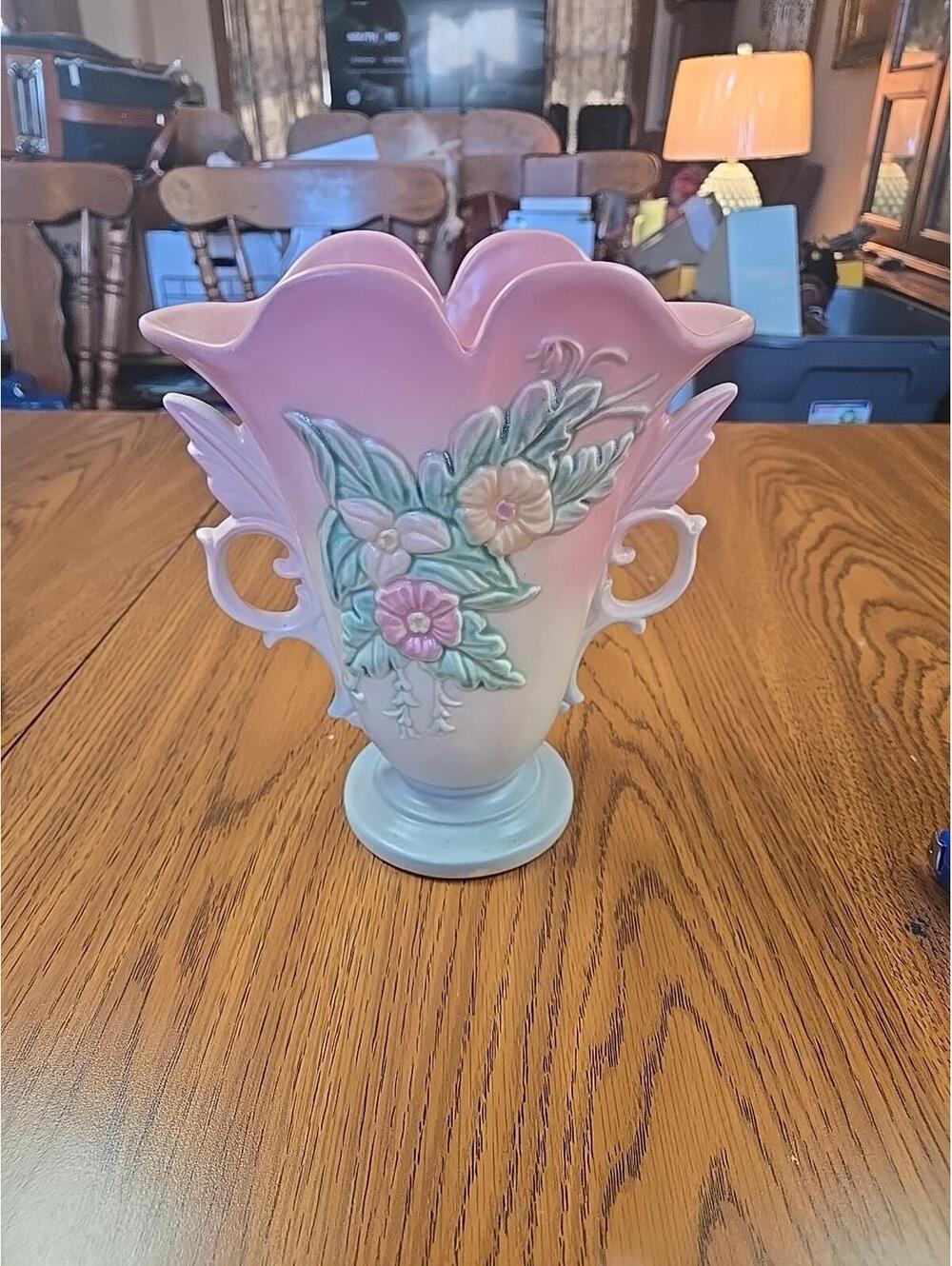 Vintage Hull Art Pottery Double Handle Vase W-9-8 1.5" Vintage Pink Blue